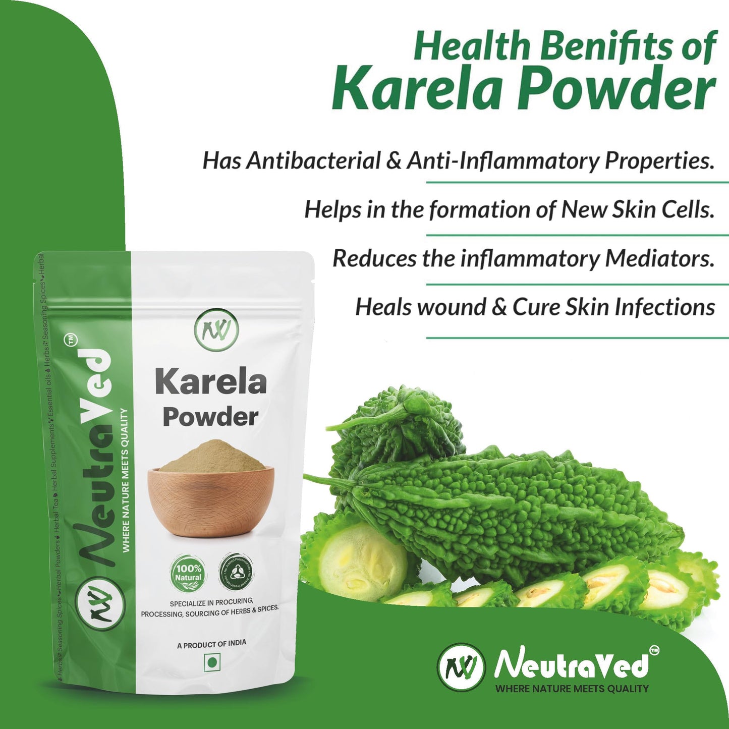 NeutraVed Karela Powder (200g) | Pure Bitter Melon Powder for Healthy Metabolism & Glucose Balance | Sun-Dried Bitter Gourd (Momordica Charantia) for Blood Purification & Liver Detox | Edible Grade Raw Herb