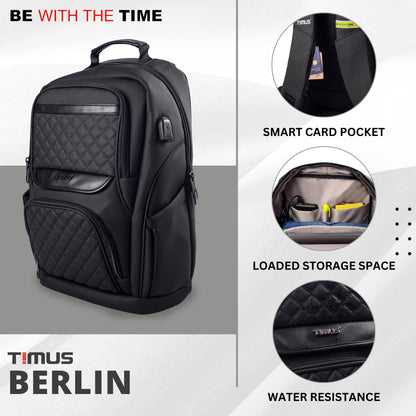 Timus Berlin Black Professional Laptop Bag for Men & Women 23 L with 15.6 Inch Laptop Compartment | Water resistant with USB Port Anti-Theft Backpack| Premium Polyester Fabric