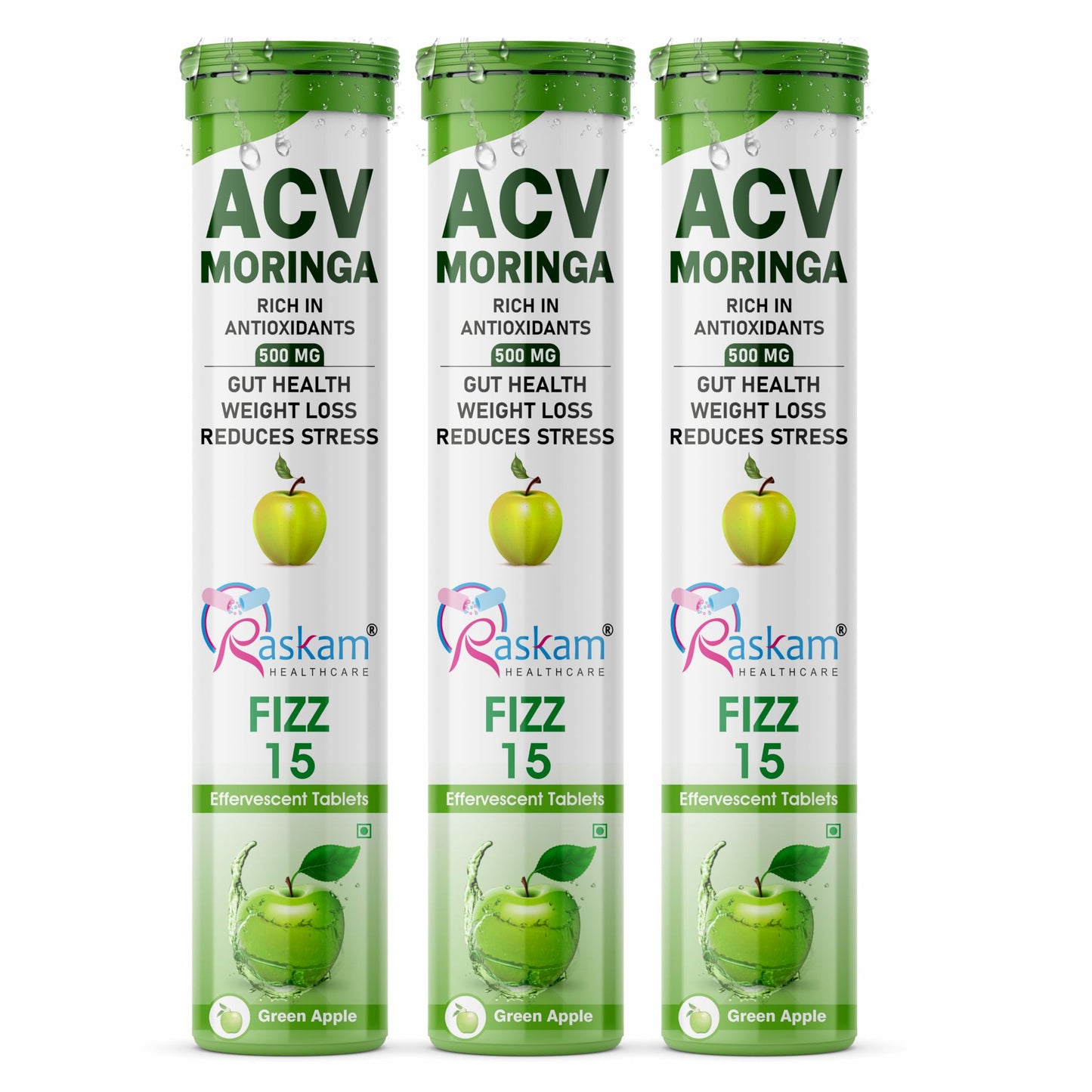 Raskam ACV Moringa 15 Effervescent Tablets | Green Apple Flavor, 500mg | Boost Energy & Immunity Naturally with Antioxidants | Controls Cravings (3 Packs of 15 Tablets Each)