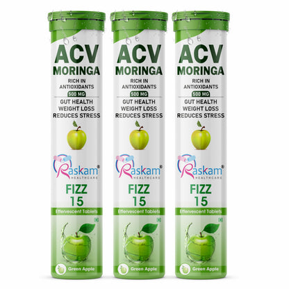 Raskam ACV Moringa 15 Effervescent Tablets | Green Apple Flavor, 500mg | Boost Energy & Immunity Naturally with Antioxidants | Controls Cravings (3 Packs of 15 Tablets Each)