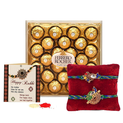 TIED RIBBONS Rakhi For Brother With Chocolate - Pack of 2 Premium Rakhi With Chocolates Pack Mini Greeting Card And Roli Chawal - Rakhi Gift For Brother,300 G