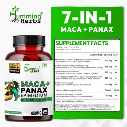 Humming Herbs Maca with Panax Ginseng Supplements 7200mg | Maca Root Extract Powder | Increase Stamina and Build Muscle - 90 Capsules