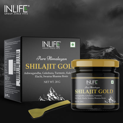 INLIFE Shilajit Gold 20g | Original Himalayan Shilajit Resin with Ashwagandha, Tribulus, Turmeric, Kali Musli | 75% Fulvic Acid | Lab Tested Ayurvedic Supplement
