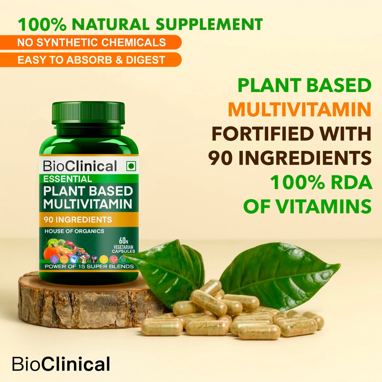 BioClinical Plant Based Multivitamin for Men & Women - Organic Natural Vitamins - Daily Vital Nutrition - Nature Made, Ayurvedic & Whole foods Supplement - Energy, Hair & Bone Health -60 Veg Capsules