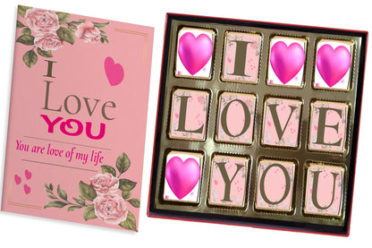Redbakers.in I Love You 12 Chocolate Gift Box & Greeting Card Combo (LovofmyLife), 180 gram