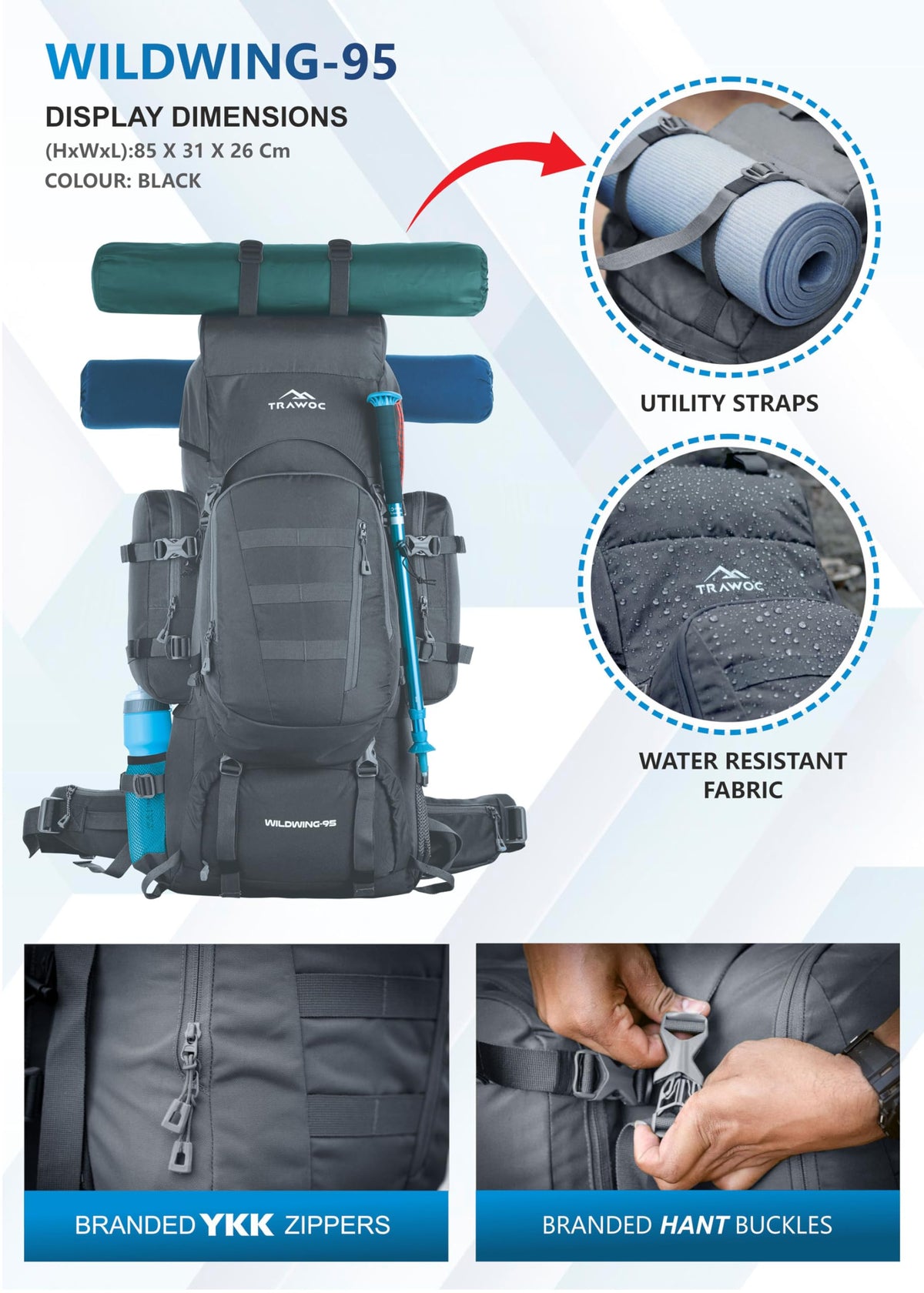 TRAWOC WILDWING 95L (80+15) Internal Frame Trekking Backpack with 15L Detachable Daypack, Rain Cover, Shoe Compartment & Adjustable Fit. Large Rucksack for Travel, Hiking & Camping | 3-Year Warranty