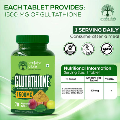 Vruksha Vitals Glutathione 1500 mg - 70 Tablets with Vitamin C and Milk Thistle, Amla & Grapeseed Extracts (Plant based Capsules Supplement)