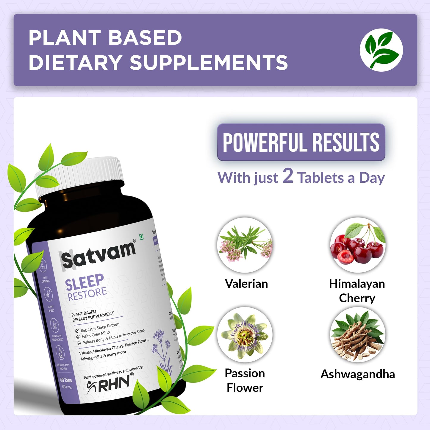 SATVAM Sleep Restore, Relaxation & Stress Relief Tablets (60 Veg Pills), Plant-Based, Vegan Formula with Valerian, Ashwagandha & Brahmi Supports for Calmness, Mental Clarity & Emotional Balance