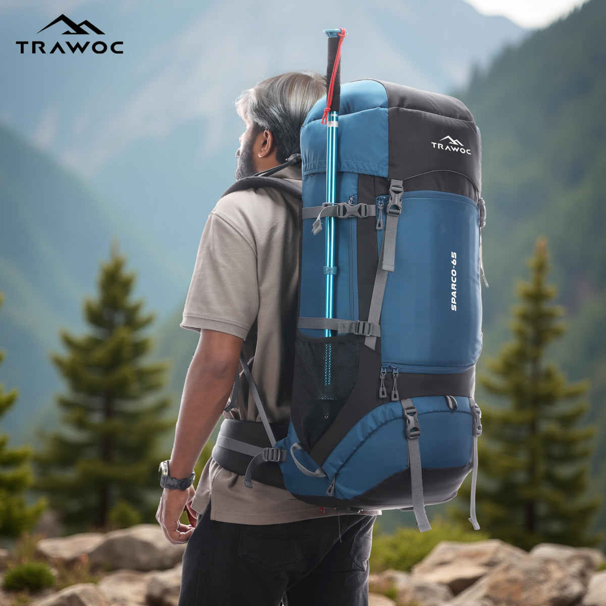 TRAWOC SPARCO 65L Travel Backpack Hiking Trekking Bag Camping Rucksack for Men & Women, Rain Cover/Shoe Compartment HK009 English Blue, 3 Year Warranty