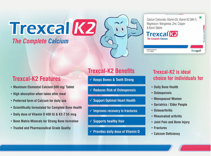 Trexgen TREXCAL-K2 The COMPLETE CALCIUM with Elemental Calcium 500 mg; Vitamin D3(Stabilized)400 IU; Vit. K2-7 55 mcg & BONE MATRIX Minerals Magnesium; Boron; Zinc; Manganese & Copper(5x10=50 Tablets)