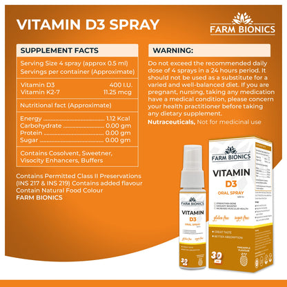 FARM BIONICS Vitamin D3 400 Iu Spray Supplement, 30Ml | Vitamin D3 Booster Oral Spray | 100% Vegetarian | Sugar And Gluten Free | Immunity Booster Spray For Men And Women (Pineapple)