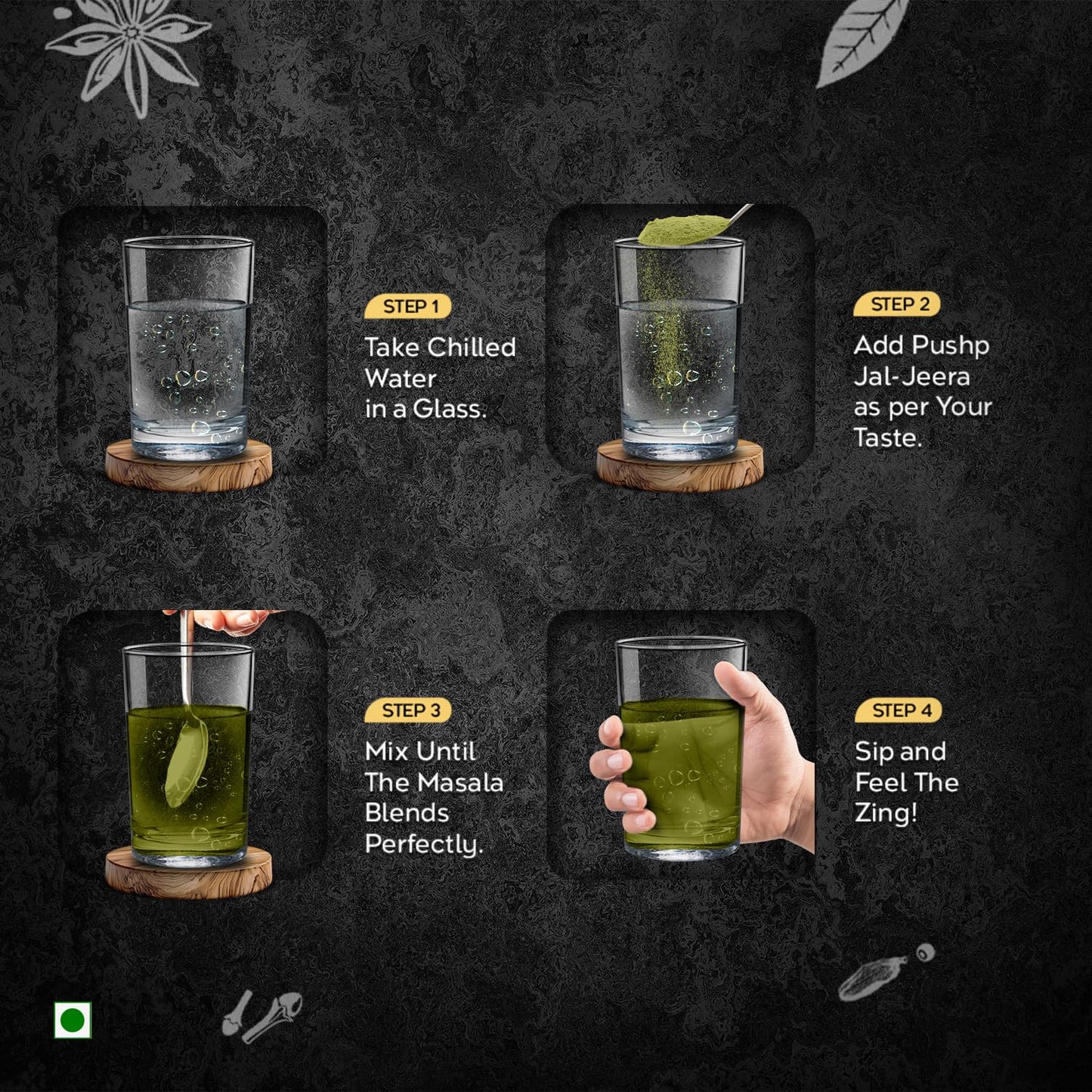 Pushp Brand Jal Jeera Powder (Masala) 100 g BOX | Pack of 1 | Instant Drink Mix Masala for Refreshing Summer Drink & Chat, Mint & Cumin Blend, No Artificial Colours | Hygienically Packed |