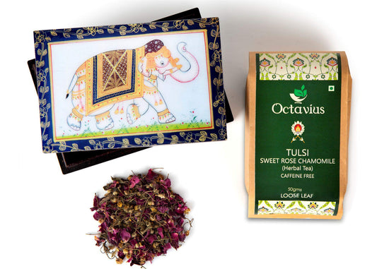 Octavius Tulsi Rose Chamomile Tisane Whole leaf tea in Darkwood Handcrafted Wooden gift box with Traditional Indian Elephant Pattern On The Lid | Caffeine Free | - 50 Gms (50 Servings)