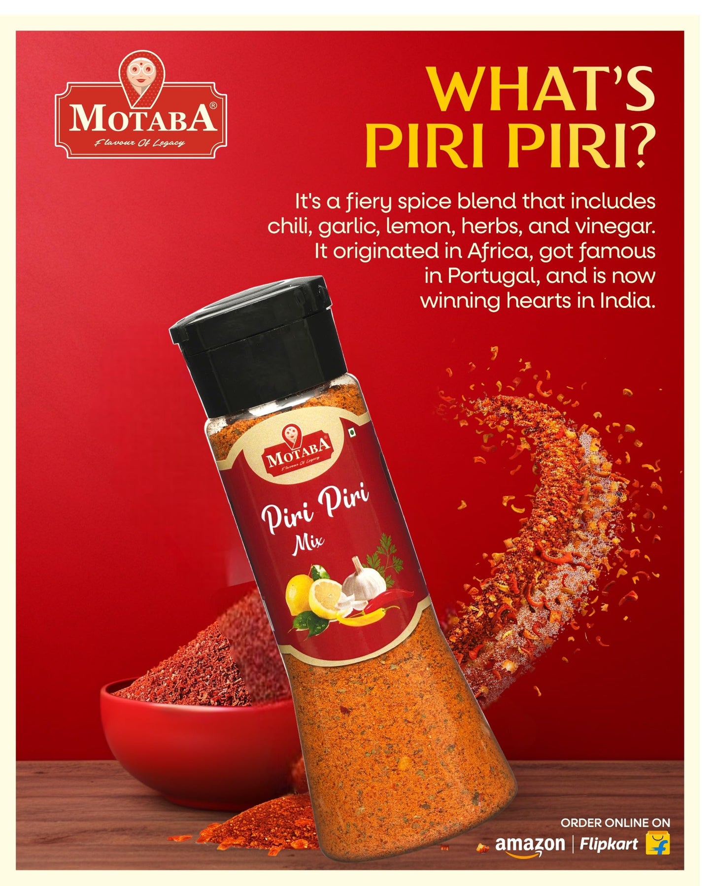 Motaba Piri Piri Spice Mix 100g Jar | Exotic Spices | Multi-purpose Seasoning | Zero added Colours, Fillers, Additives & Preservatives -(100 Gram_Jar)
