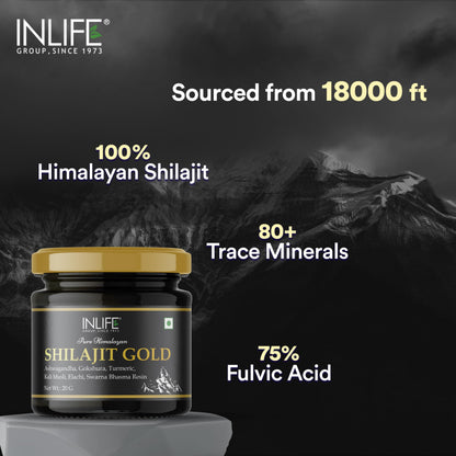 INLIFE Shilajit Gold 20g | Original Himalayan Shilajit Resin with Ashwagandha, Tribulus, Turmeric, Kali Musli | 75% Fulvic Acid | Lab Tested Ayurvedic Supplement