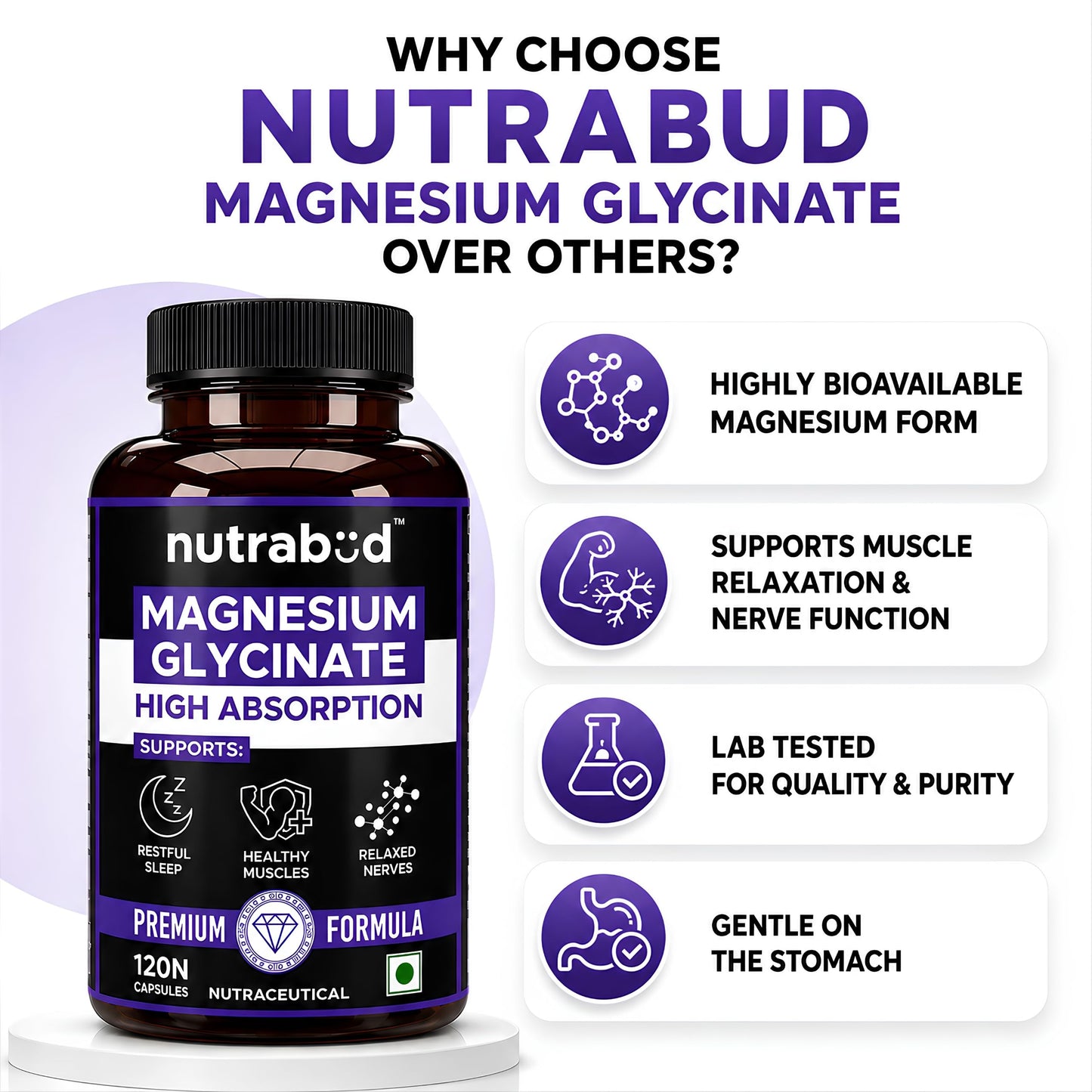 Nutrabud Magnesium Glycinate Supplement - 120 Vegetable Capsules - 550mg for Men, Women | High Absorption Chelated Form for Healthy Muscles, Nerves & Better Sleep (120 Count (Pack of 1))
