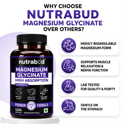 Nutrabud Magnesium Glycinate Supplement - 120 Vegetable Capsules - 550mg for Men, Women | High Absorption Chelated Form for Healthy Muscles, Nerves & Better Sleep (120 Count (Pack of 1))