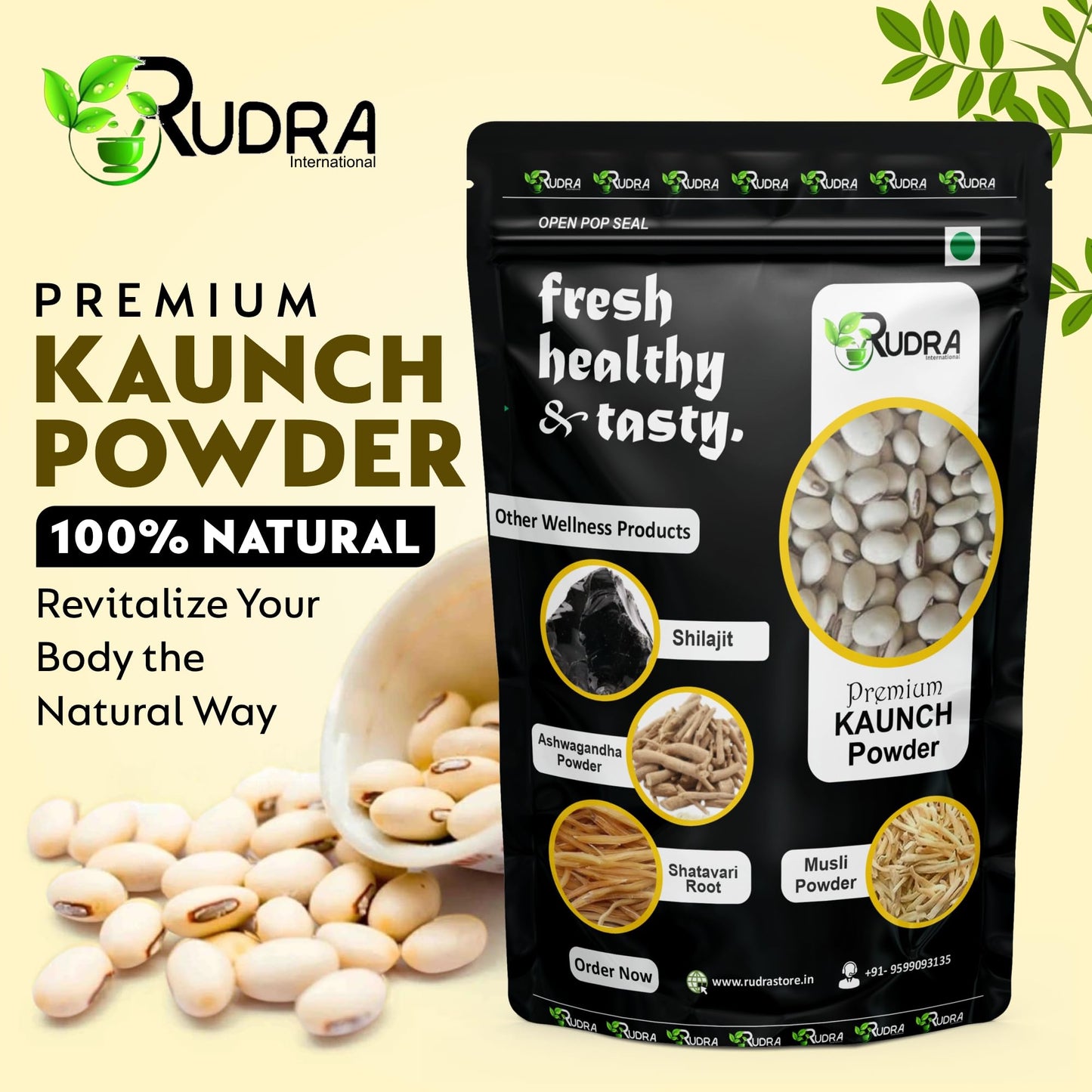 Rudra International Herbal Powder Combo – Safed Musli, Ashwagandha, Kaunch Beej & Shatavari – Ayurvedic Supplement for Stamina, Strength & Wellness & Reproductive Health Support - Pack of 4 (50g Each)