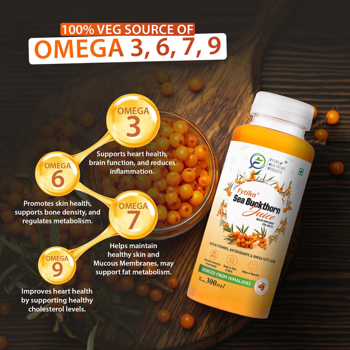 Fytika Himalayan Seabuckthorn Berry Juice – 300ml | Rich in Omega 3, 6, 7, 9 & Vitamin C – Boosts Immunity, Skin Glow & Heart Health | Natural Herbal Juice (Pack of 1)