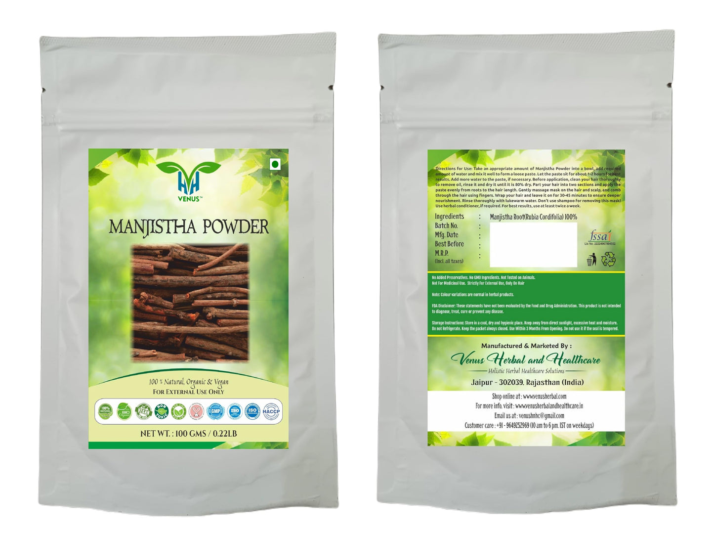 VENUS Unisex Manjistha Powder For Hair Care | Natural - 100% Ground Rubia Cordifolia Roots (100 Grams)
