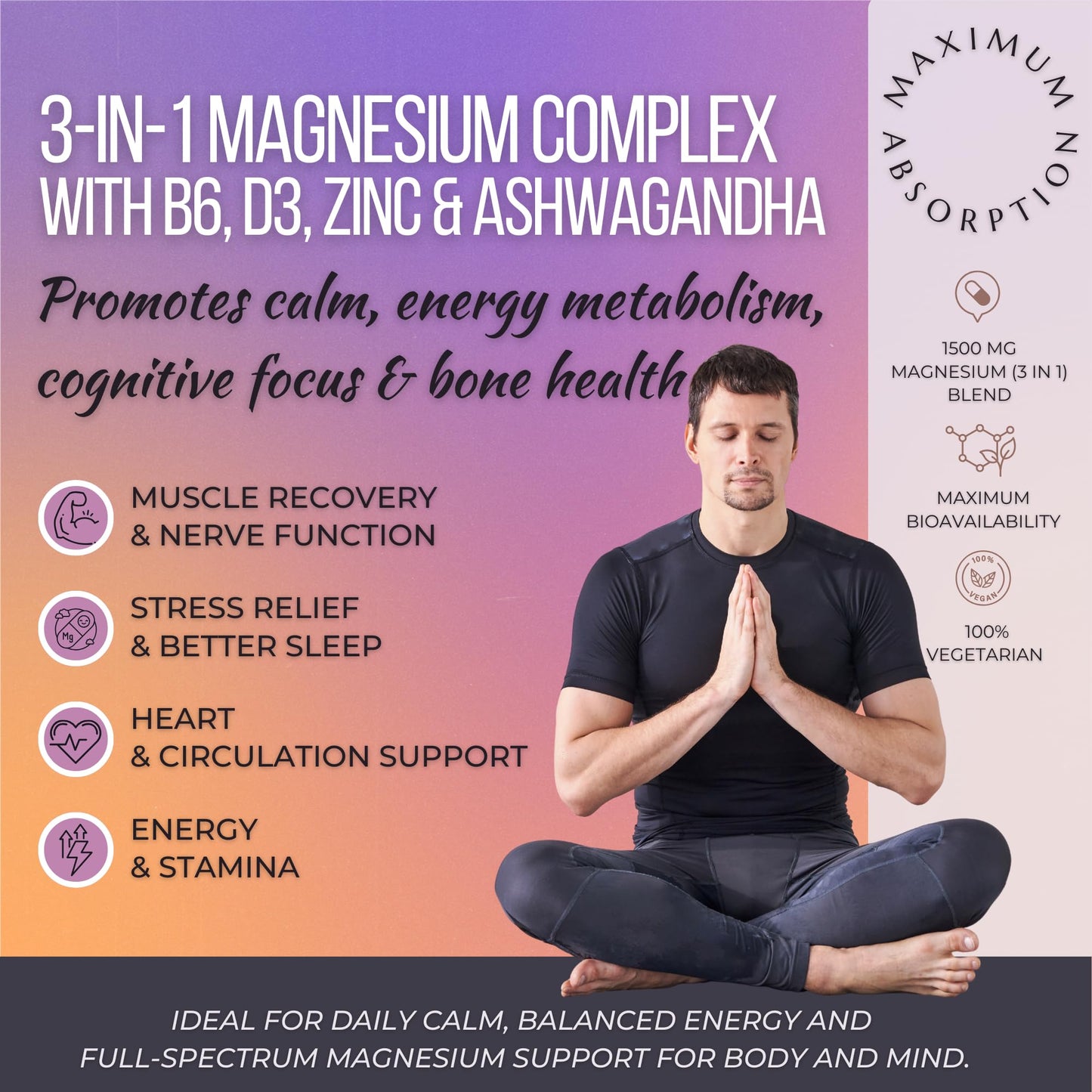 Triple Magnesium Complex Tablets | Glycinate, Malate & Citrate | 296mg Elemental Magnesium | Ashwagandha, L-Theanine, Zinc & D3 | Stress Support, Calm Focus & Muscle Function | 120 Tablets (60 Days)