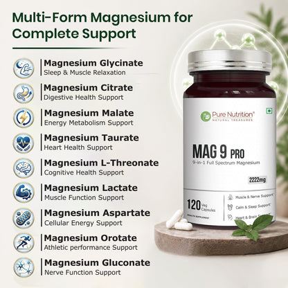 Pure Nutrition Mag 9 Pro - 120 Veg Caps | Magnesium Supplement with 9 Forms of High Absorption Magnesium Glycinate, L Threonate, Citrate for Sleep, Muscle, Nerve, Heart & Brain Health
