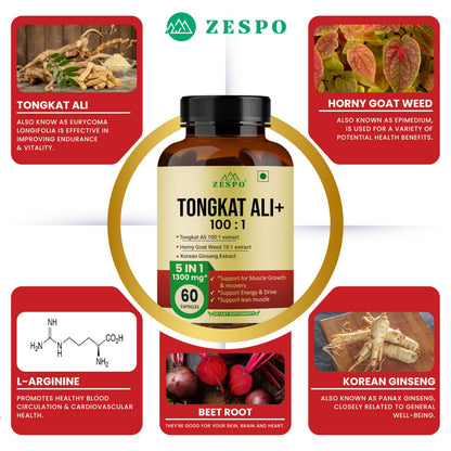 ZESPO Tongkat Ali 100:1 Extract 1300mg 5-in-1 with Korean Ginseng, Beet Root 20:1, L-Arginine & Epimedium Grandiflorum | 60 Veg Capsules | 30 Servings | Herbal Supplement