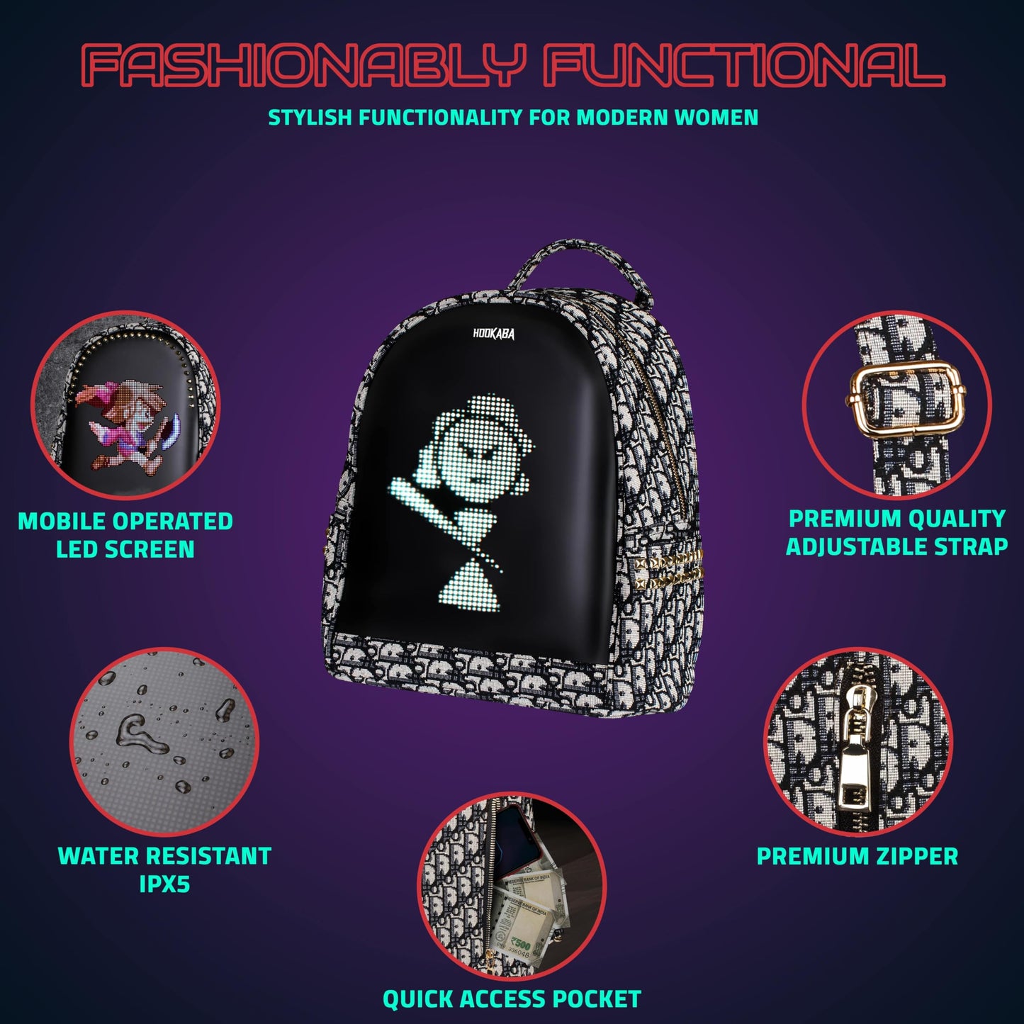 Hookaba Dazz Roll LED Backpack 14L (Grey) | Smart Pixel Display Bag | App Controlled, USB charge, Programmable Screen & Water Resistant | For School, College, Travel, Gym | Daypack for Women & Girls