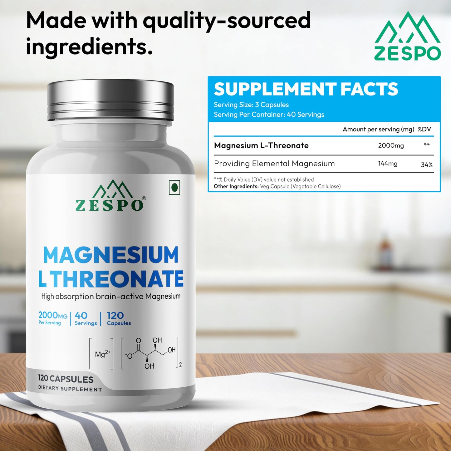 ZESPO Magnesium L-Threonate 2000mg Per Serving (144mg Elemental Magnesium) | 120 Vegetarian Capsules | Magnesium Supplement for Nerve & Muscle Function | 40 Servings