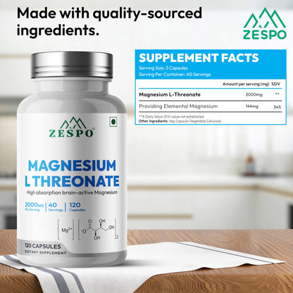 ZESPO Magnesium L-Threonate 2000mg Per Serving (144mg Elemental Magnesium) | 120 Vegetarian Capsules | Magnesium Supplement for Nerve & Muscle Function | 40 Servings