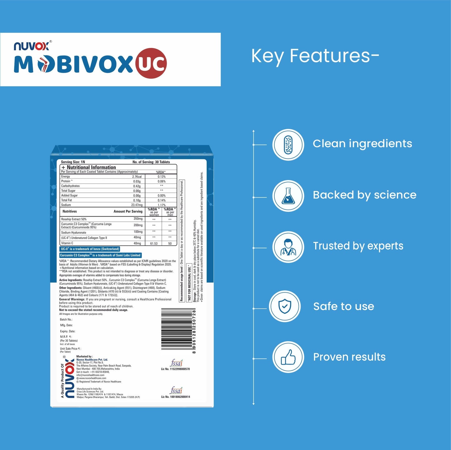 NUVOX Mobivox UC Joint Support Tablets | UC-II® Undenatured Collagen, Curcumin C3 Complex & Hyaluronic Acid | Supports Joint Mobility, Cartilage & Flexibility | 30 Tablets