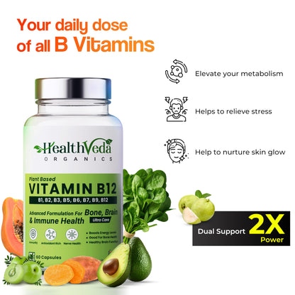 HEALTH VEDA ORGANICS PRIVATE LIMITED Plant Based Vitamin B12 Supplement, 60 Veg Capsules, B1, B2, B3, B5, B6, B7, B9, Moringa, Good For Digestion And Nerve Health, Glowing Skin For Men & Women