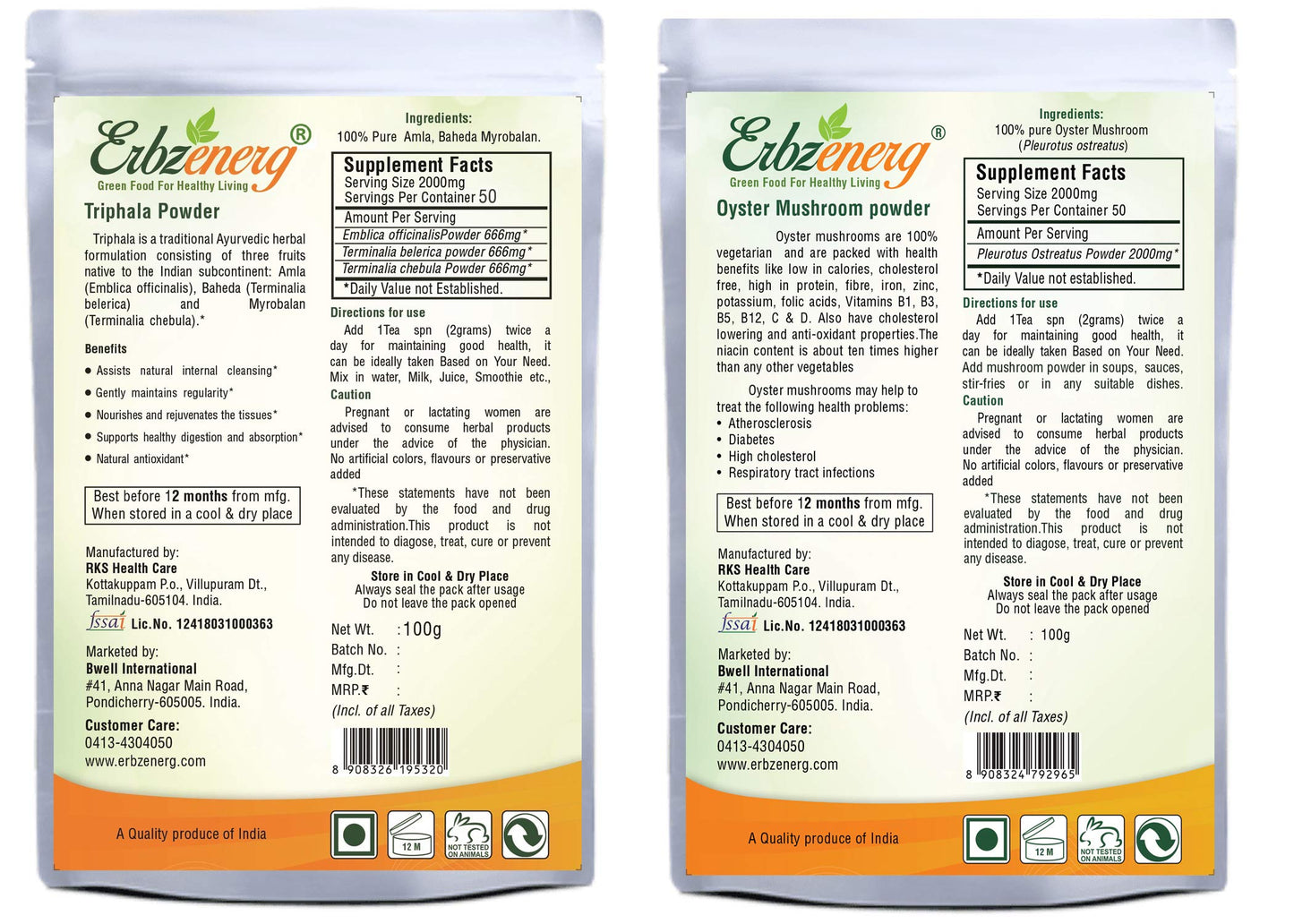 ERBZENERG Organic Triphala Powder 100G and Oyster Mushroom Powder 100G | Pack Of 1