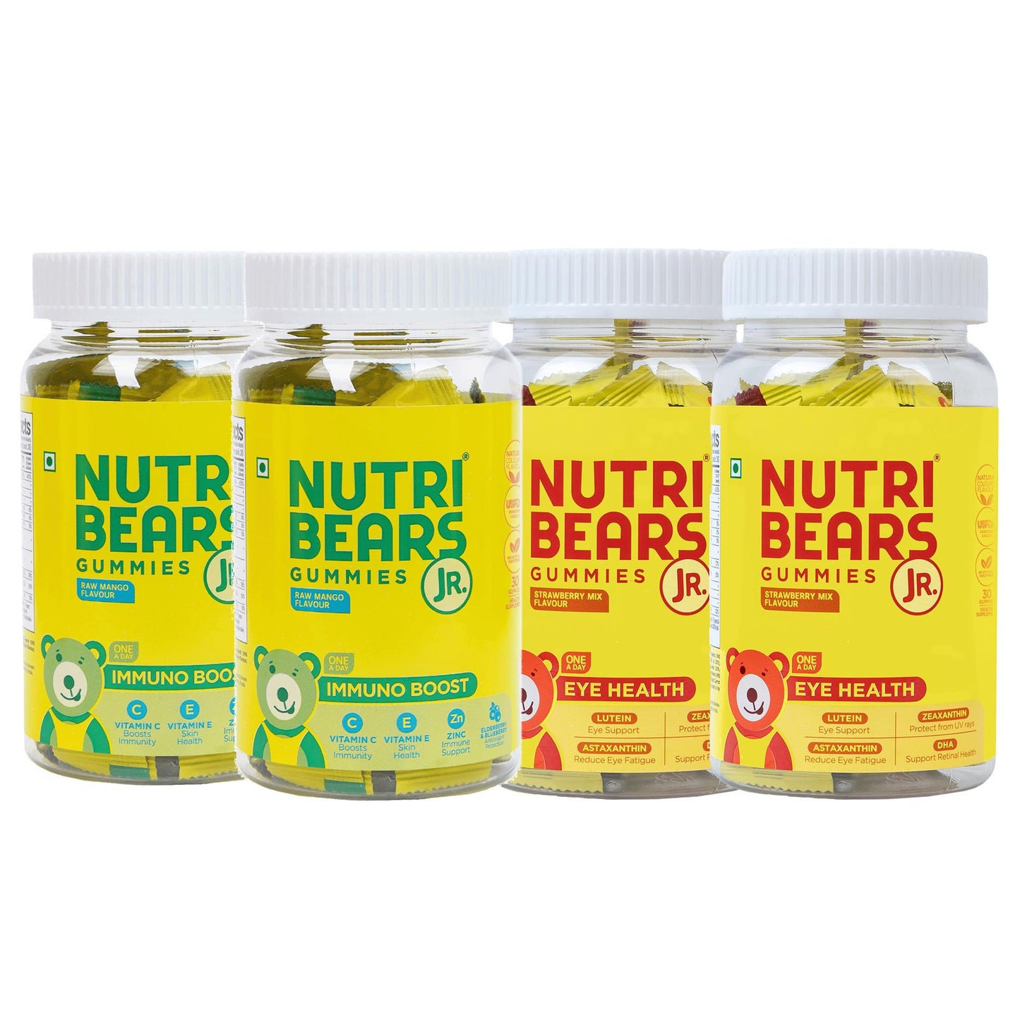 NutriBears Kids Eye and Immne Gummies for Kids and Teens, 4 Combo Pack of 120 Gummy Chewables, Strawberry and Raw Mango Flavour, Natural Gelatin Free Vegetarian Supplement for Strong Bones and Immunity