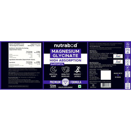Nutrabud Magnesium Glycinate Supplement - 120 Vegetable Capsules - 550mg for Men, Women | High Absorption Chelated Form for Healthy Muscles, Nerves & Better Sleep (120 Count (Pack of 1))