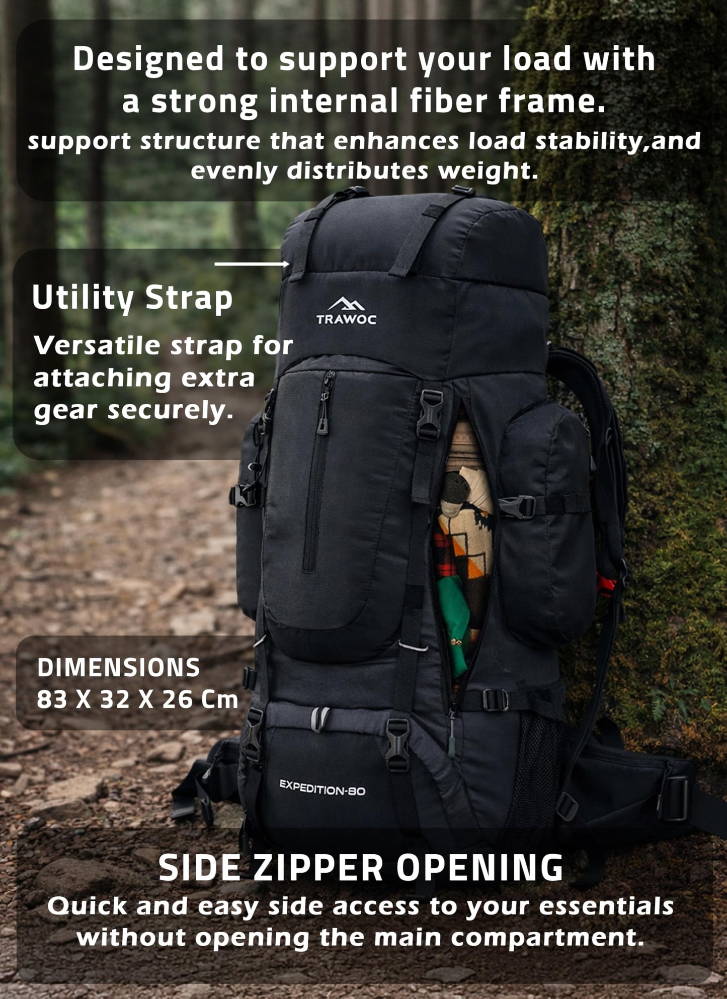 TRAWOC EXPEDITION 80L Travel Backpack Camping Hiking Rucksack Trekking Bag for Men & Women with Water Proof Rain Cover/Shoe Compartment BHK001 Black