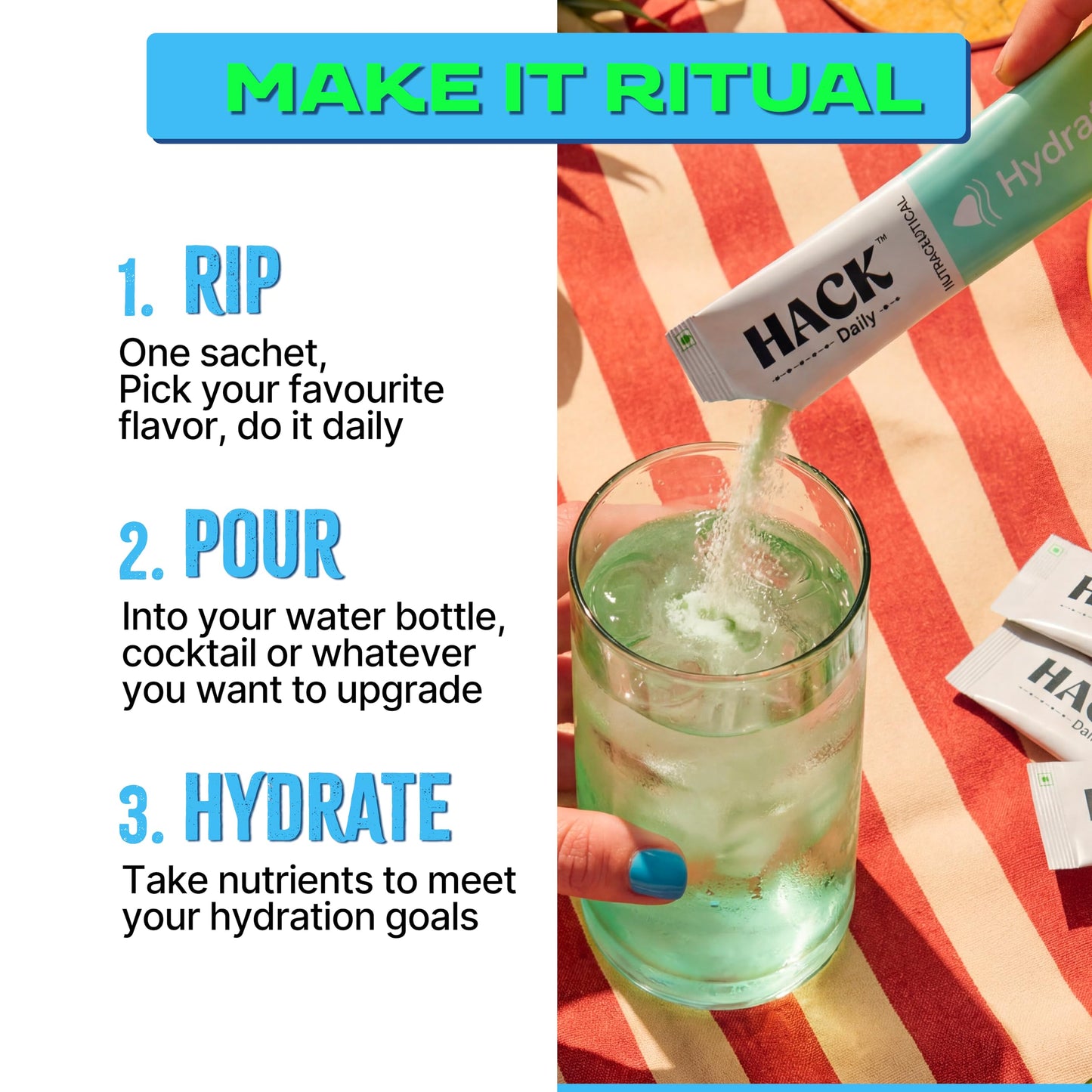 Hack Daily Hydrate Electrolyte Powder 28 Sachets, Zero Added Sugar Hydration Drink Mix with 6 Essential Electrolytes, Vitamin C & B12, Multi Flavor, for Summer Hydration, Workout Recovery & Travel Wellness (Peach, Mango Chilli , Lemon mint & Orange)