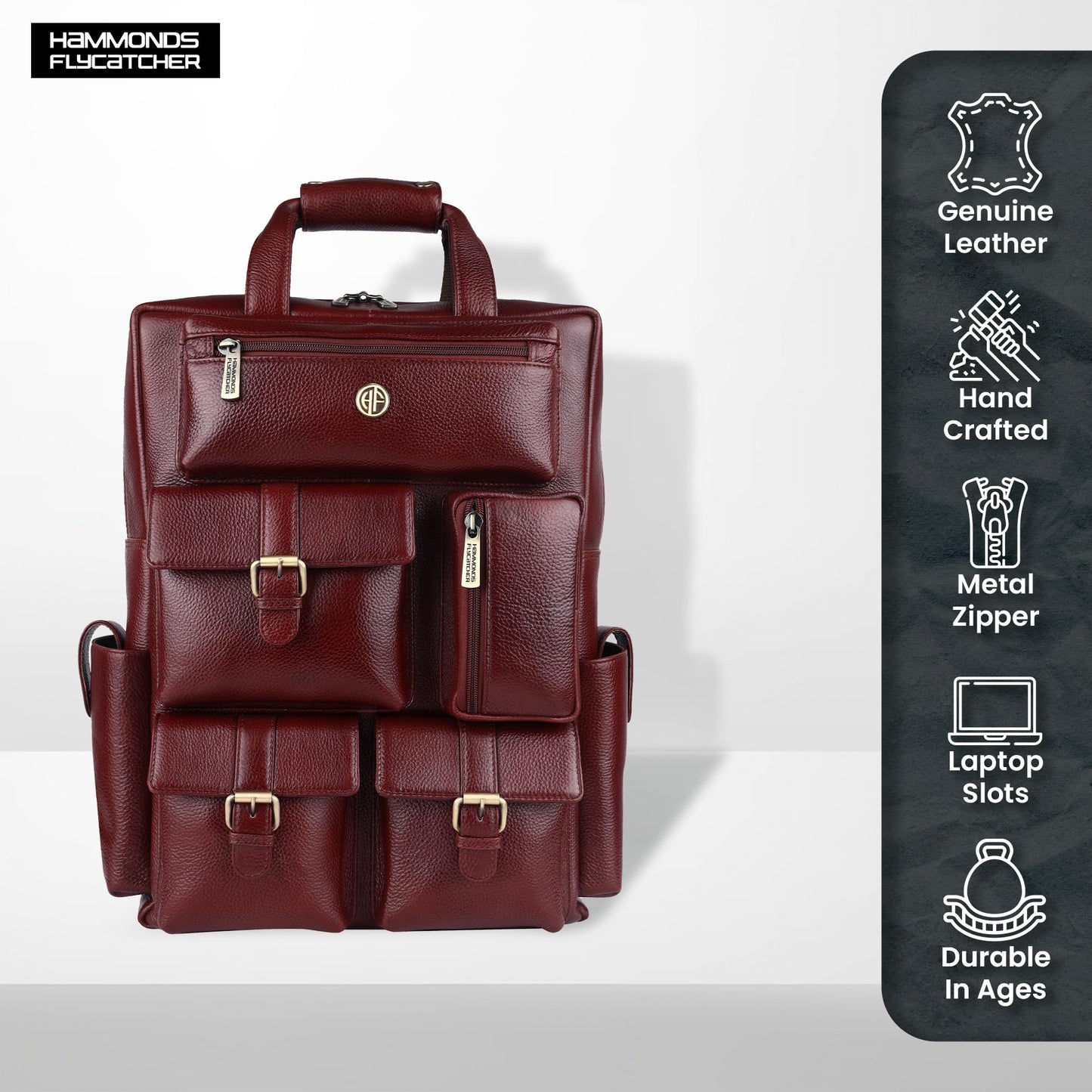 HAMMONDS FLYCATCHER Genuine Leather Executive Backpack-Premium Brown Laptop Bag 3 Compartments, Trolley Straps, Adjustable Shoulder Straps-Perfect For Professionals & Students, 35 Liters