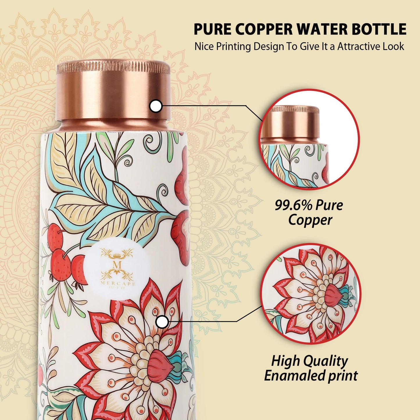 MERCAPE® - Flower Print Pure Copper Water Bottle with 2 Glass | Leak Proof, Durable & Rust Proof | Non-Toxic & BPA Free Steel Bottles | Printed Tamba Bottle (900 ml - 2x 300 ml)