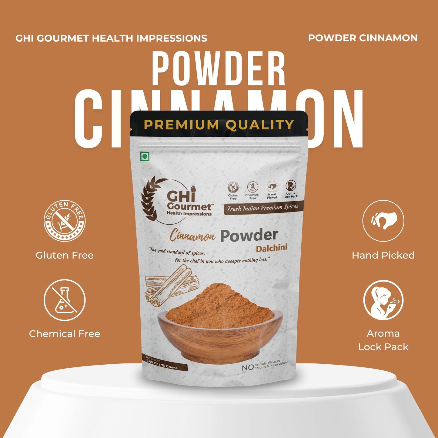 GOURMET HEALTH IMPRESSIONS Superior Grade Cinnamon (Dalchini) Powder 75g - Richly Aromatic, Finely Ground, Non-GMO - Perfect for Baking & Spicing Up Dishes | GHI Foods