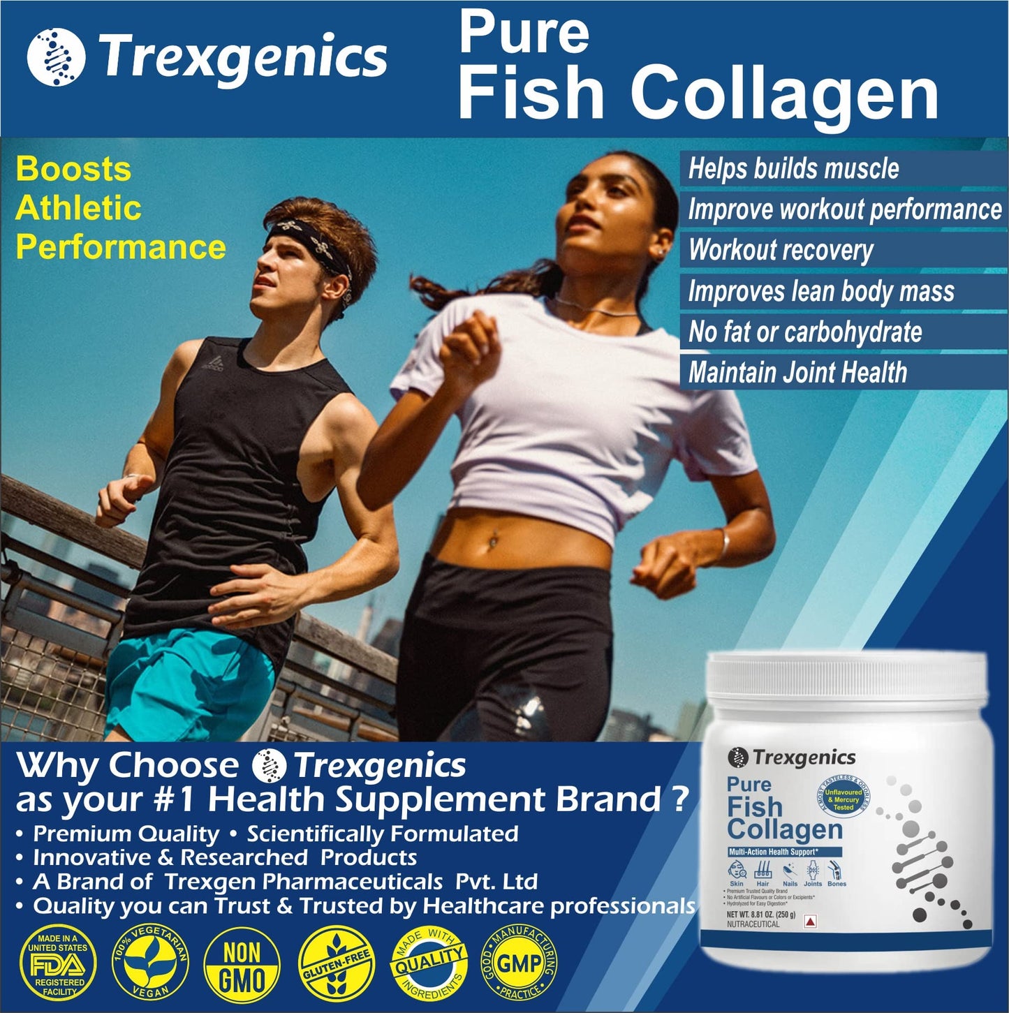 Trexgenics PURE FISH COLLAGEN Unflavoured, Mercury Tested, Almost Odorless & Tasteless Skin, Hair, Nails, Joint & Bone Support (250 gram) (Pack of 1)