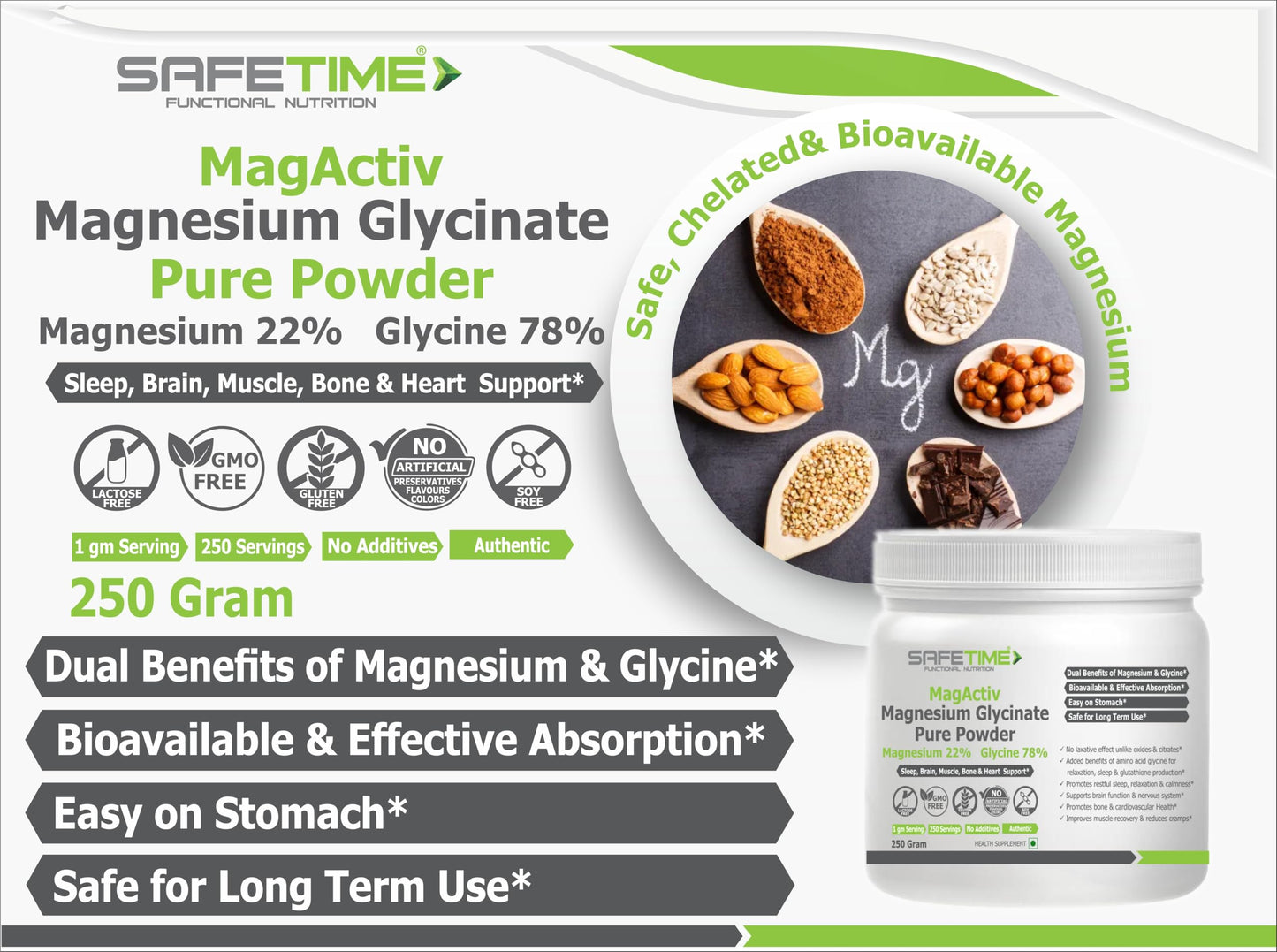 Safetime MagActiv MAGNESIUM GLYCINATE PURE POWDER 250 GRAM, 22% Magnesium 78% lLycine, Heart, Sleep, Bone,Metabolism, Migraine, Relaxation, Stress Support (250 gram) (Pack of 2)