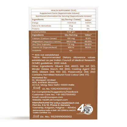 Dr. Morepen Calcium+ Advanced Tabs with Vitamin - D2, Magnesium & Zinc - 120 Veg Tablets for Women & Men Calcium & Vitamin D Tablets to support Strong Bones, Joints & Muscles