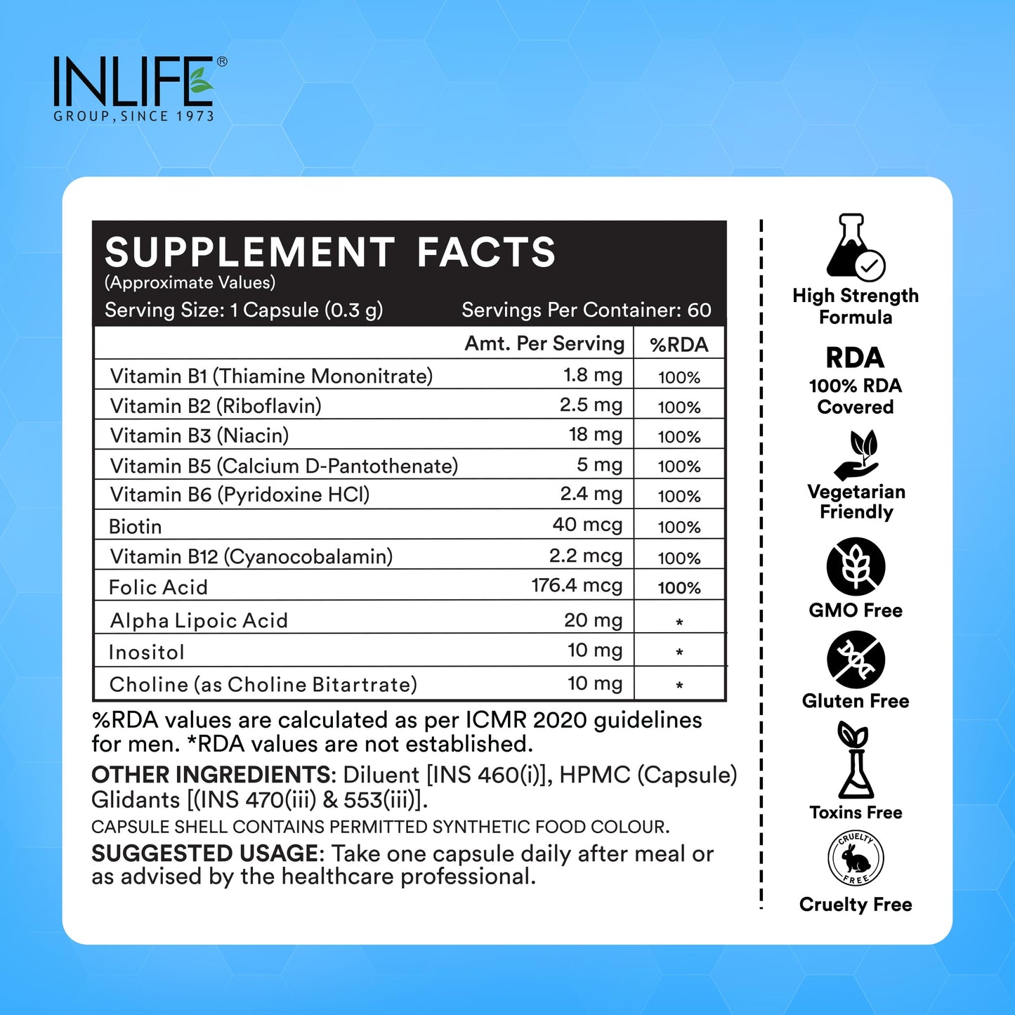 INLIFE B Complex Supplements B1, B2, B3, B5, B6, Biotin, with Vitamin B12, Folic Acid, Alpha Lipoic Acid, Inositol & Choline | | For Men Women - 60 Vegetarian Capsules