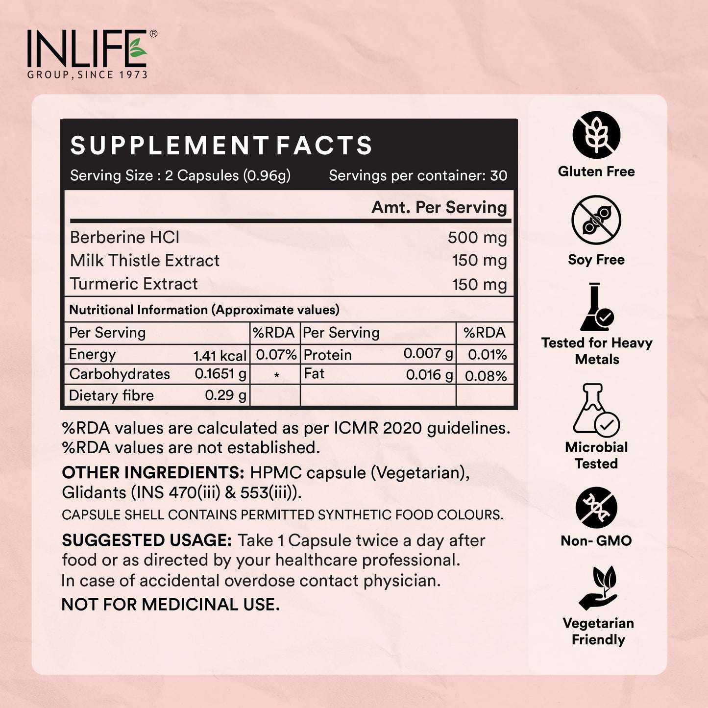 INLIFE Berberine HCL 500mg with Milk Thistle, Natural Supplement, Blood Sugar Support & Liver Health, Men Women, 60 Veg Capsules (Pack of 1, 60)