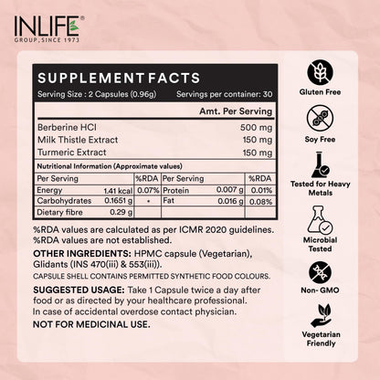 INLIFE Berberine HCL 500mg with Milk Thistle, Natural Supplement, Blood Sugar Support & Liver Health, Men Women, 60 Veg Capsules (Pack of 1, 60)