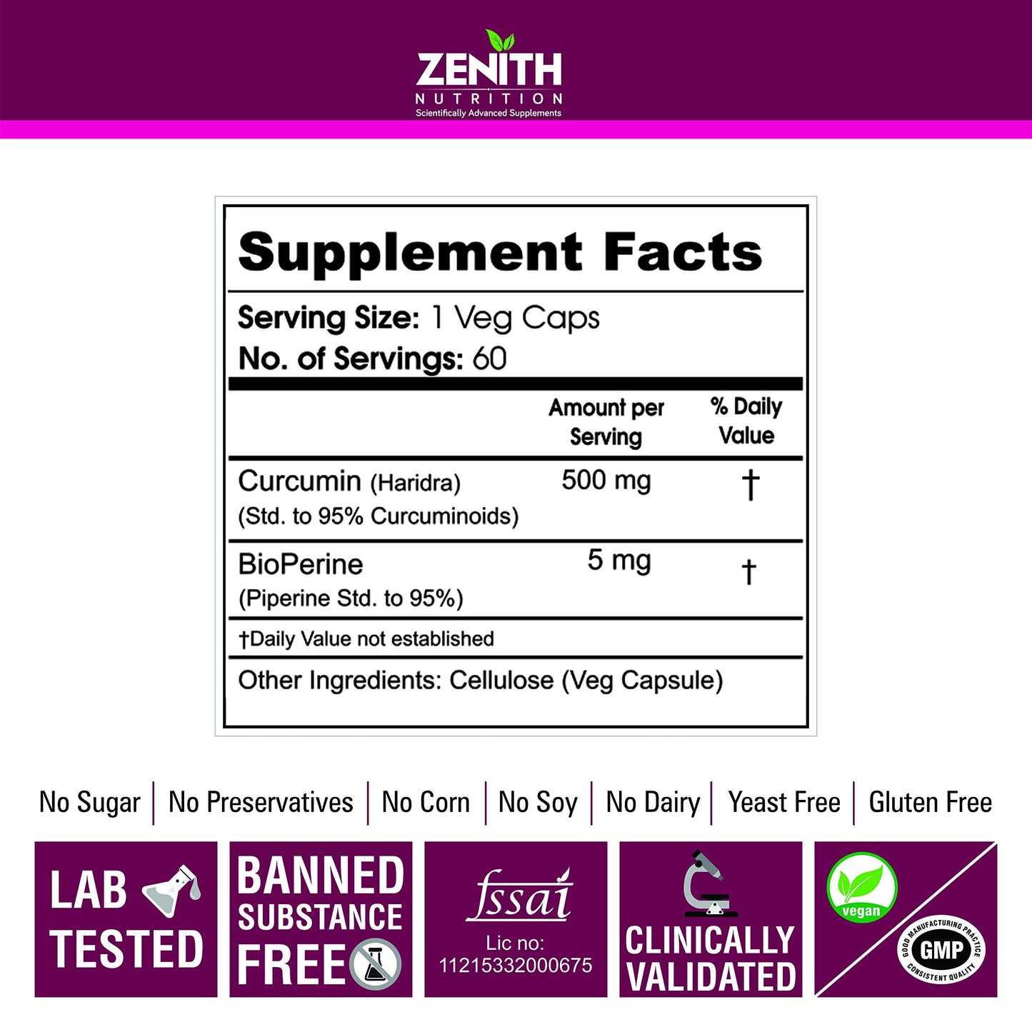 Zenith Nutrition Curcumin Plus with Piperine 500 mg - 60 Veg Capsules