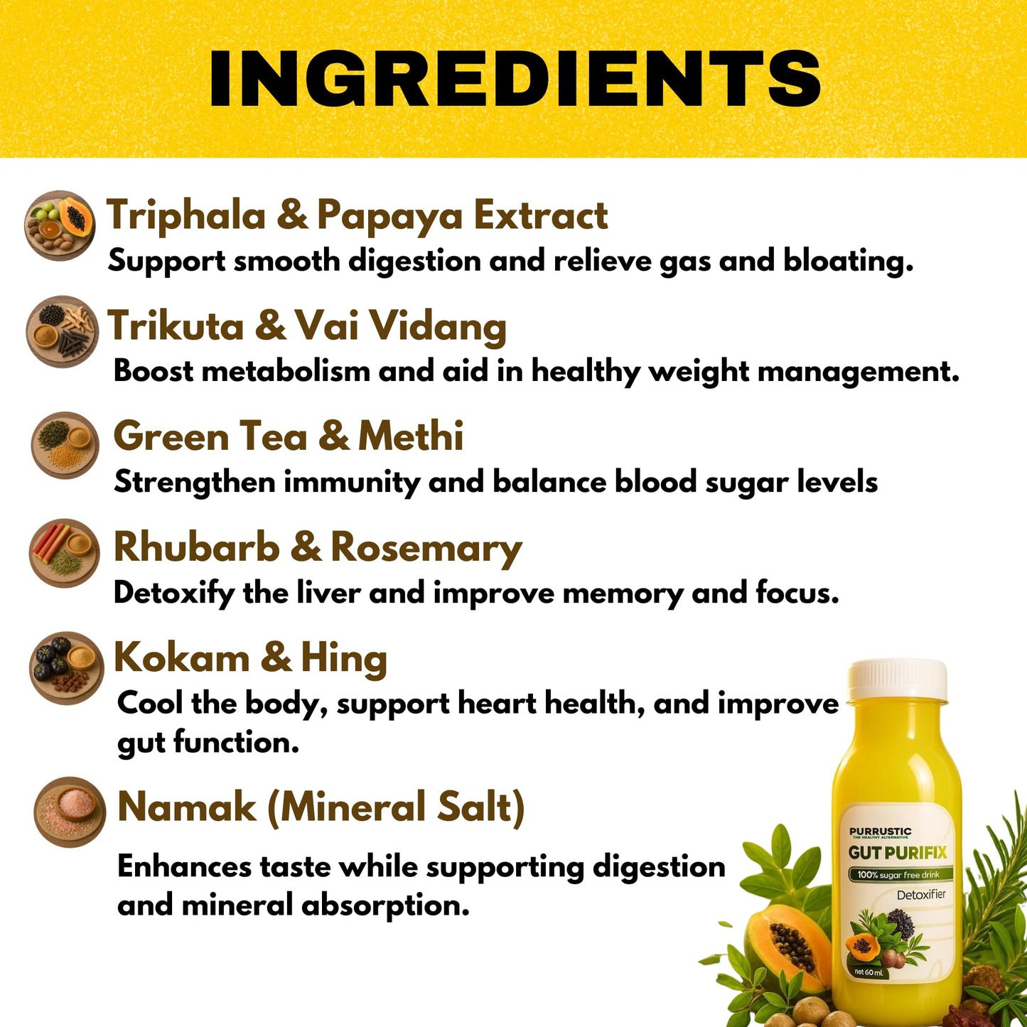 PURRUSTIC Gut Purifix Ayurvedic Gut Cleanse, 11 Herbs Prebiotic Colon Detox Juice, Gut Detox & Digestion Support, Boosts Metabolism & Immunity, Tackles Bloating, Gas & Constipation (6 days, 6 Bottle)