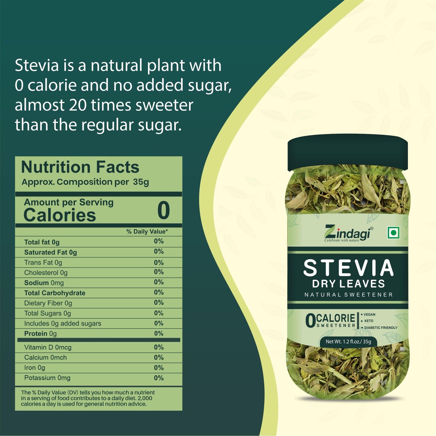 Zindagi Stevia Dry Leaves & Stevia Sachets | Stevia Sugar Free & Zero Clorie Sweetener | Stevia Combo Pack