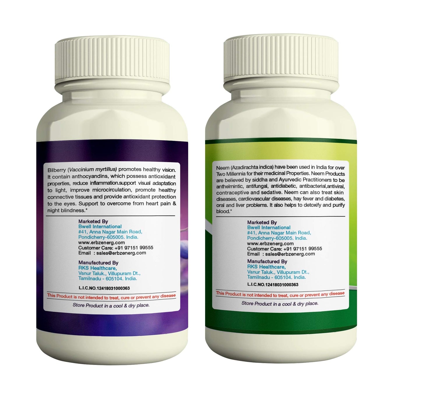 ERBZENERG® Bilberry Extract (Vaccinium myrtillus) 60 Capsules and Neem (Azadirachta indica) 60 Capsules 500mg (Pack of 1)